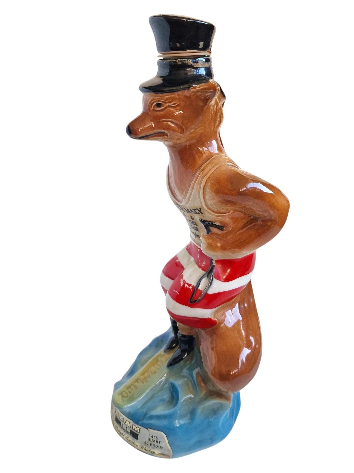 Vintage 1970s polychrome earthenware Fox Surfer Decanter, collector's item Queen Mary Bottle