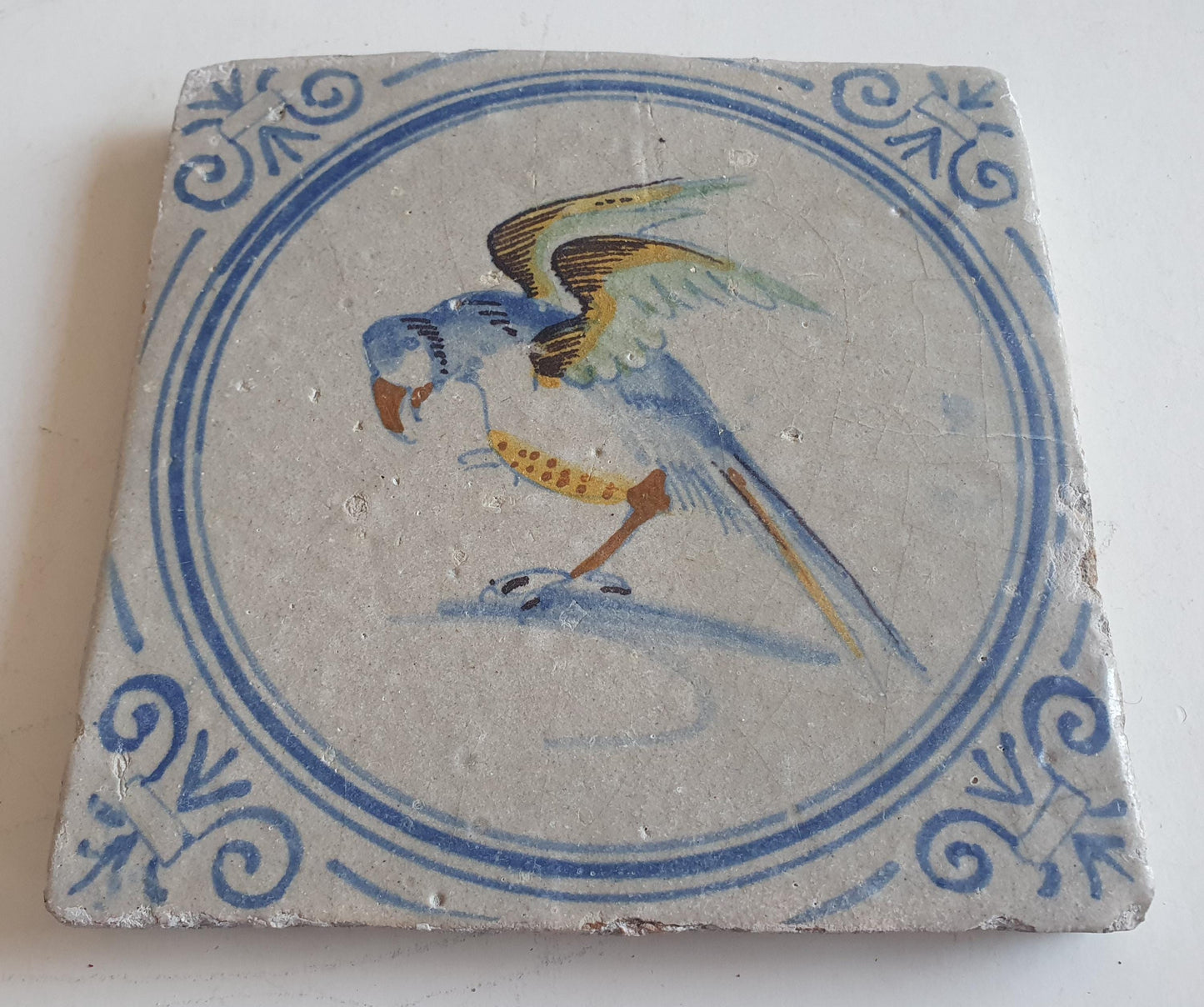 Antique Dutch Tile - polychrome parrot  Rare !  - Dated around 1625, delft holland golden century