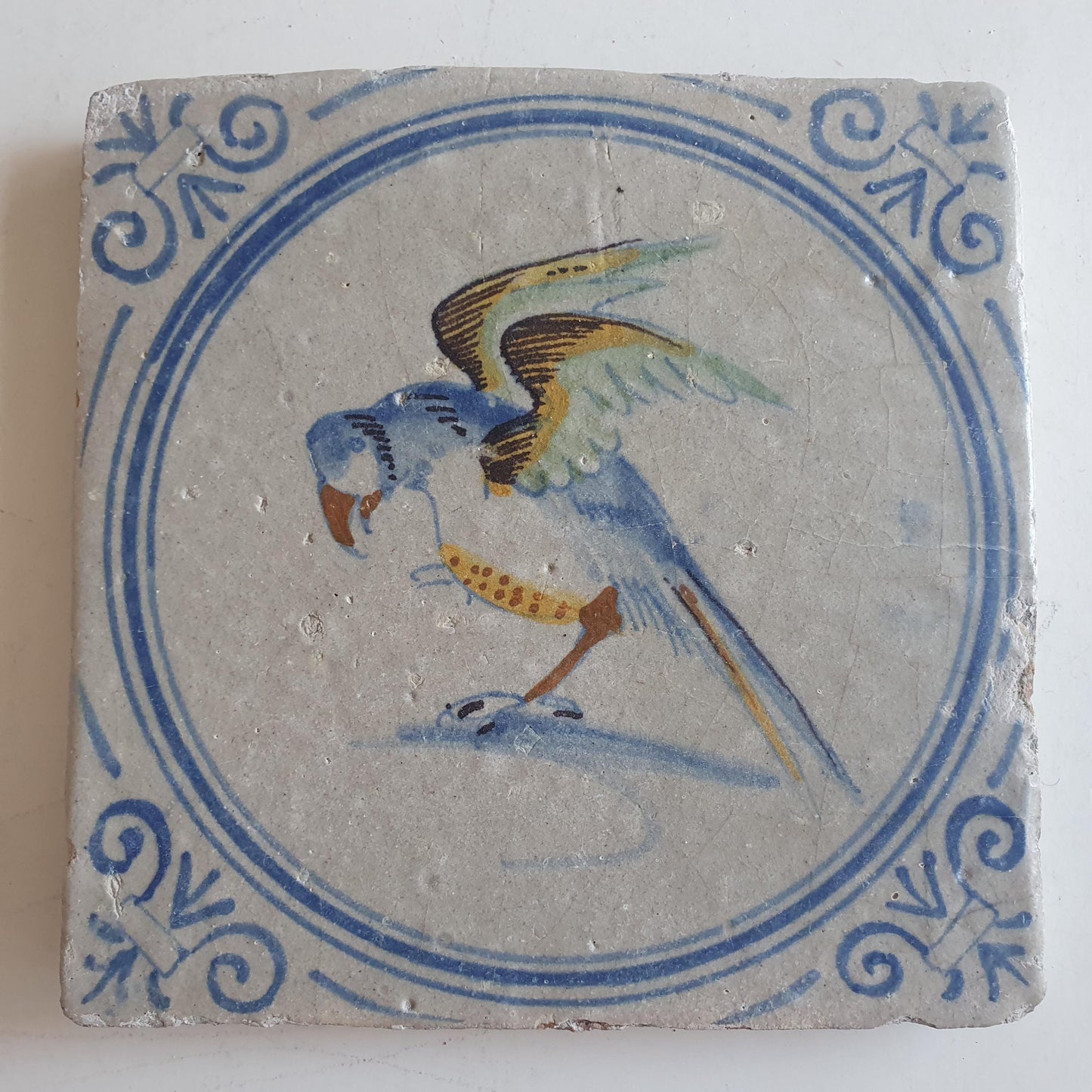 Antique Dutch Tile - polychrome parrot  Rare !  - Dated around 1625, delft holland golden century