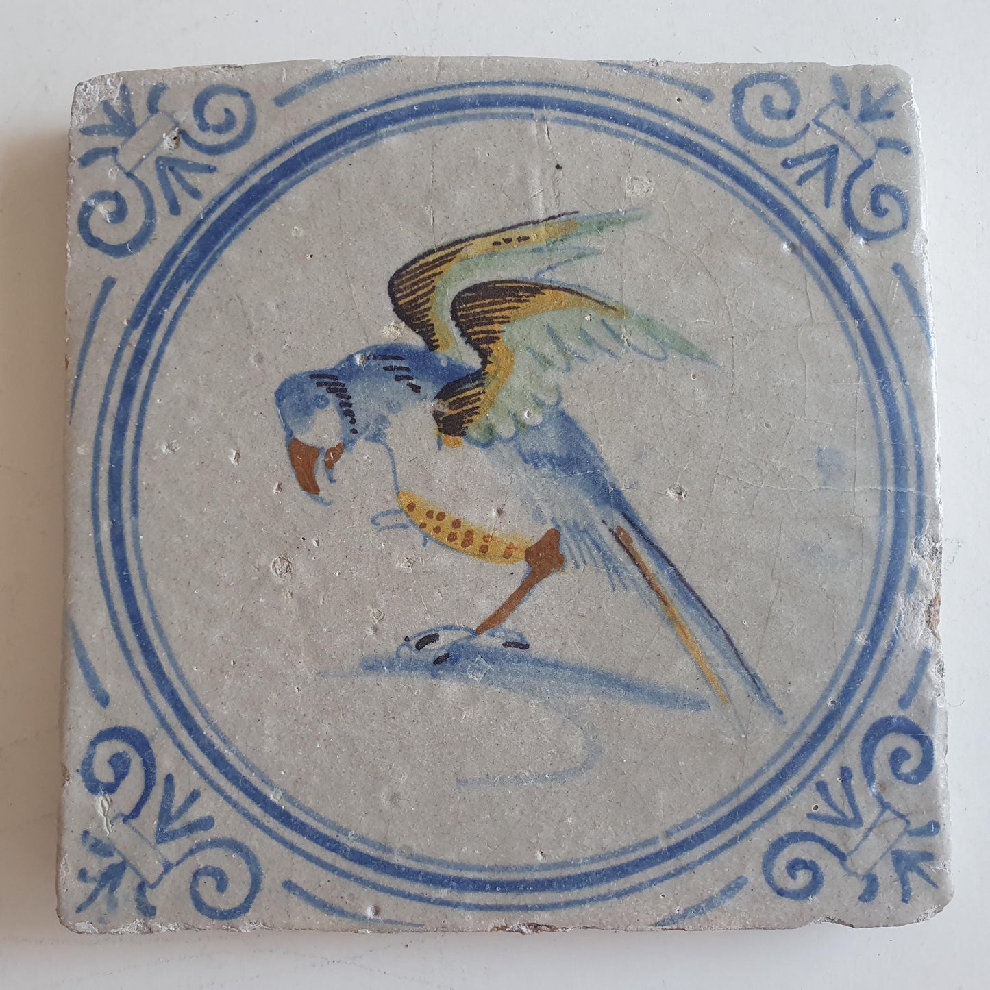 Antique Dutch Tile - polychrome parrot  Rare !  - Dated around 1625, delft holland golden century
