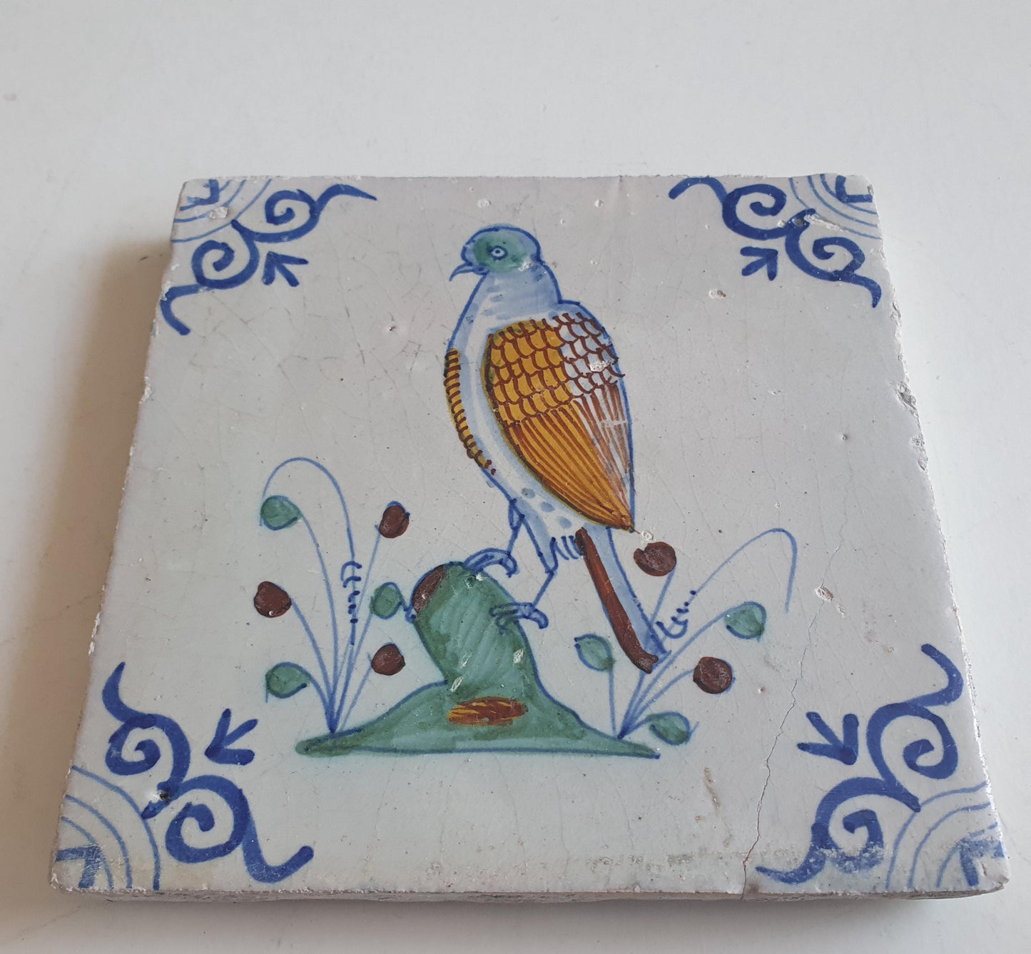 Antique Delft Tile – Polychrome Bird, Circa 1625