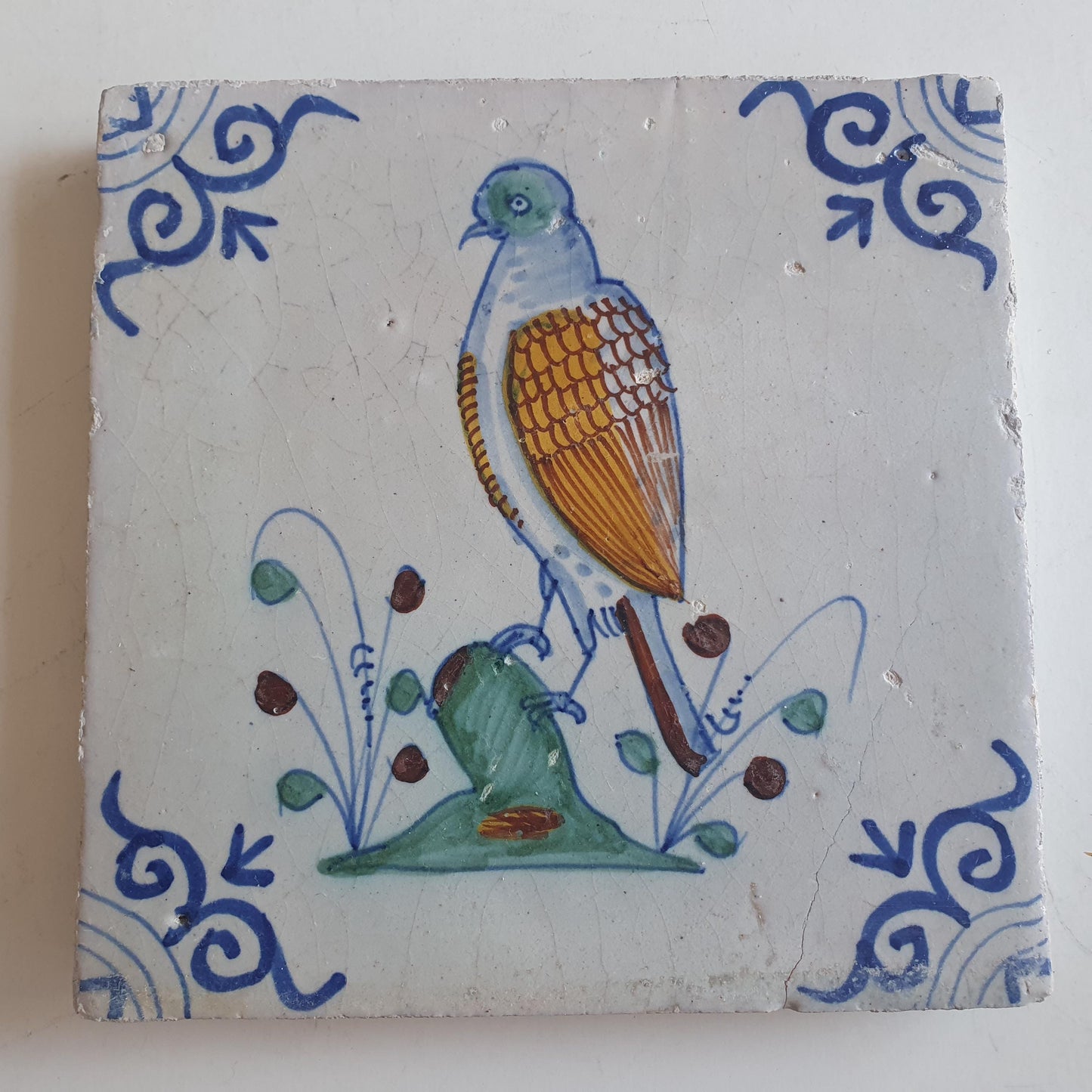 Antique Delft Tile – Polychrome Bird, Circa 1625