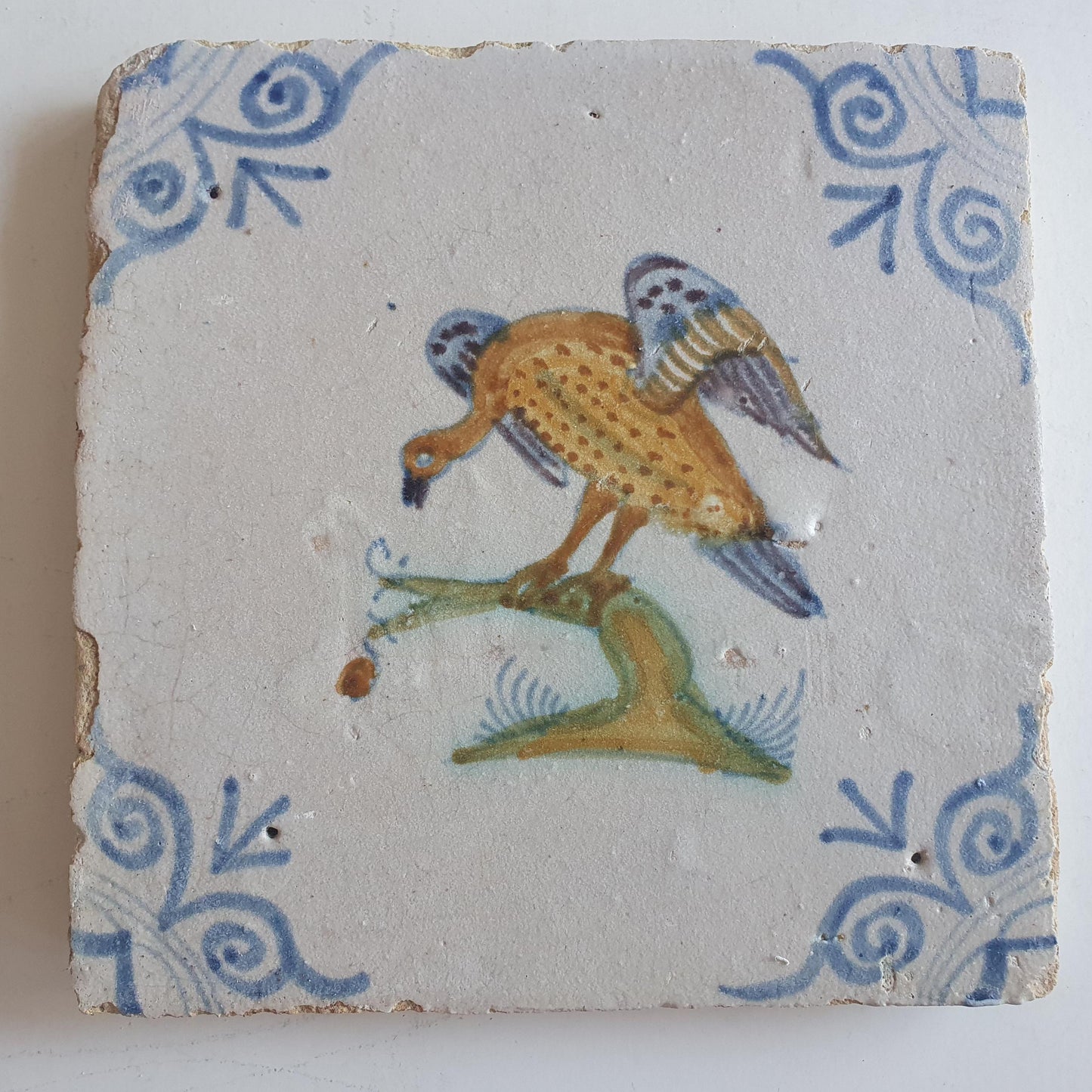 Antique Delft Tile – Polychrome Bird, Circa 1625