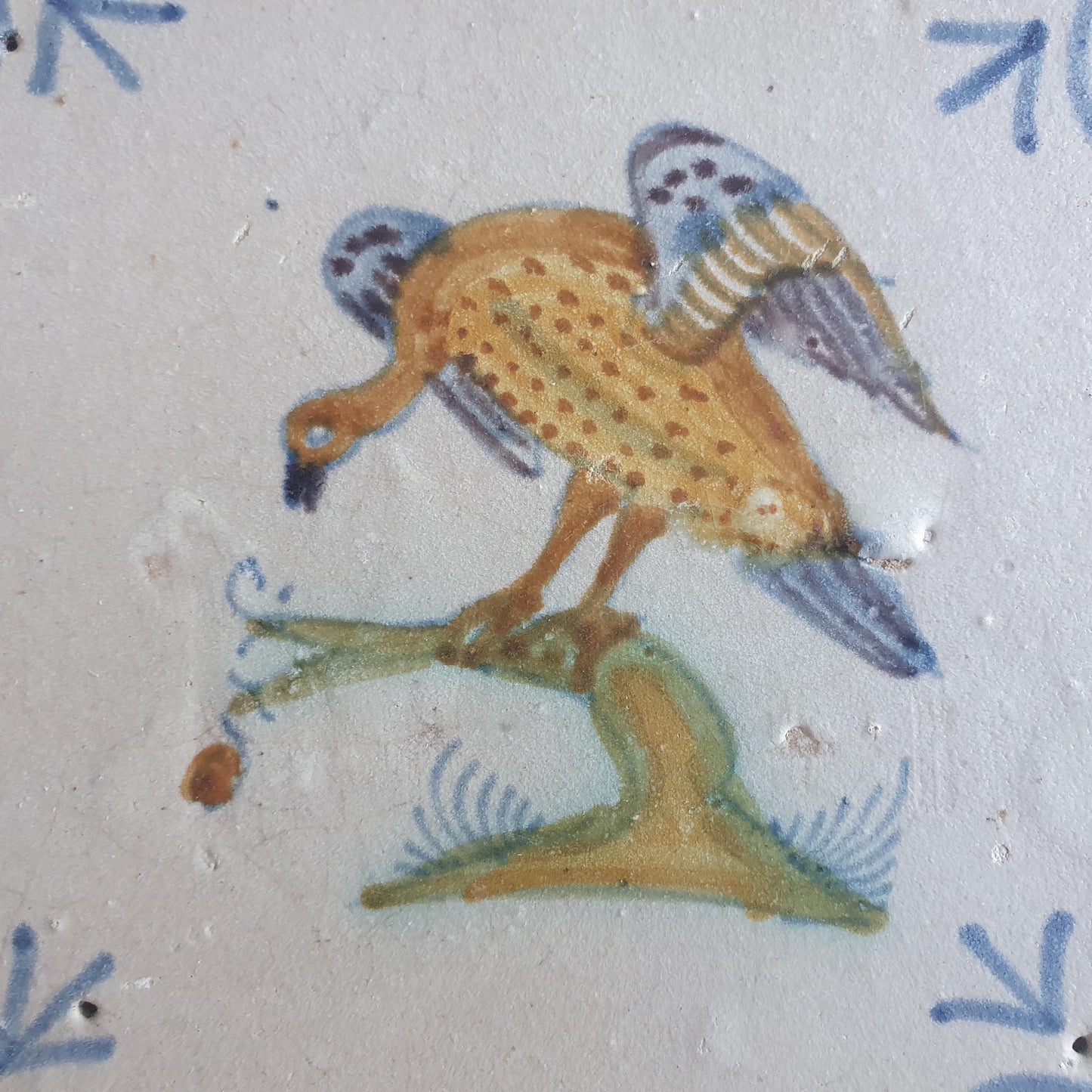 Antique Delft Tile – Polychrome Bird, Circa 1625