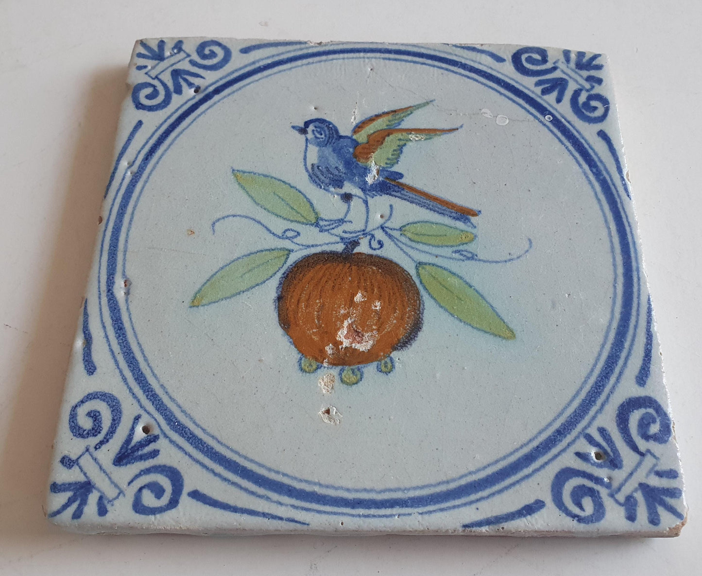 Antique Delft Tile – Polychrome Bird on Pomegranate, Holland 1625
