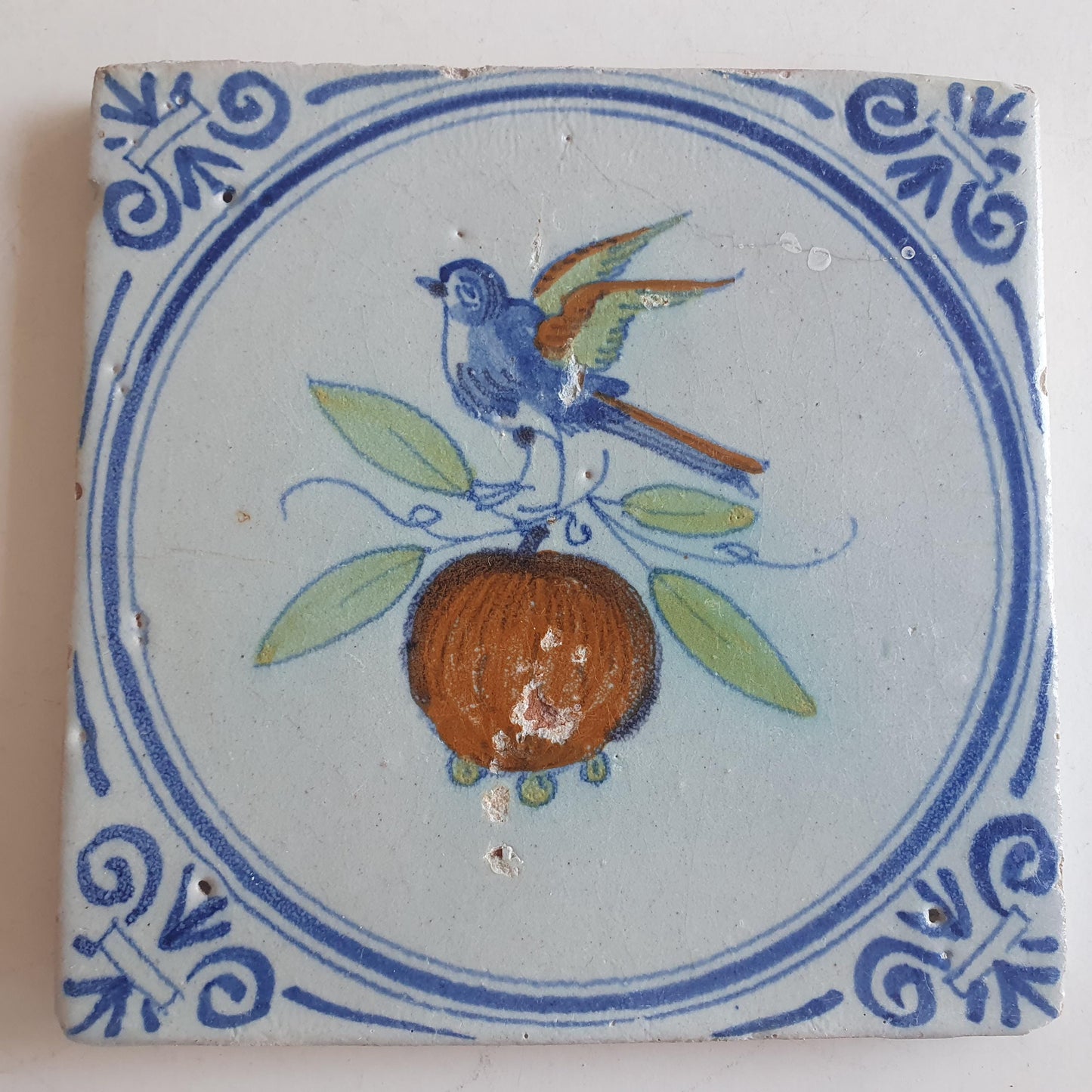 Antique Delft Tile – Polychrome Bird on Pomegranate, Holland 1625