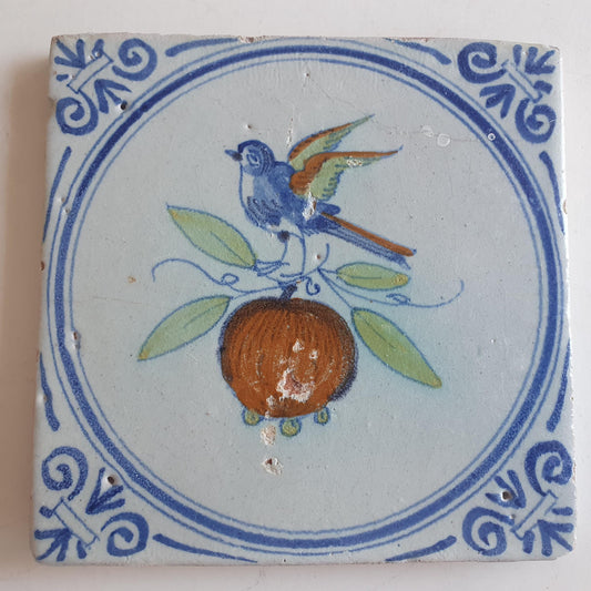 Antique Delft Tile – Polychrome Bird on Pomegranate, Holland 1625