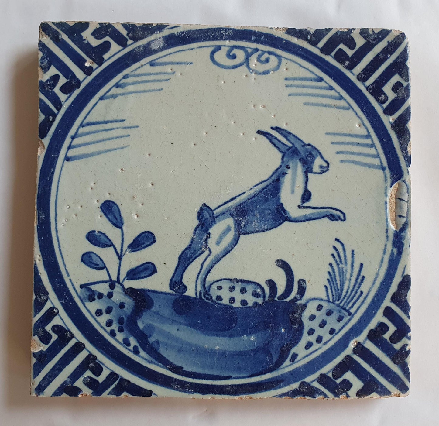 Antique Dutch Tile - Rotterdam Kroontegel, Rotterdamse,  HARE haas , cirkel - Dated around 1625