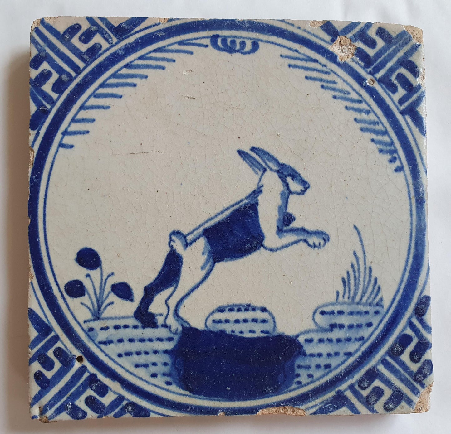 Antique Dutch Tile: Rotterdam 1625 Hare Kroontegel