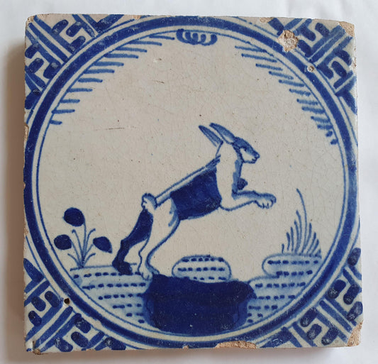Antique Dutch Tile: Rotterdam 1625 Hare Kroontegel