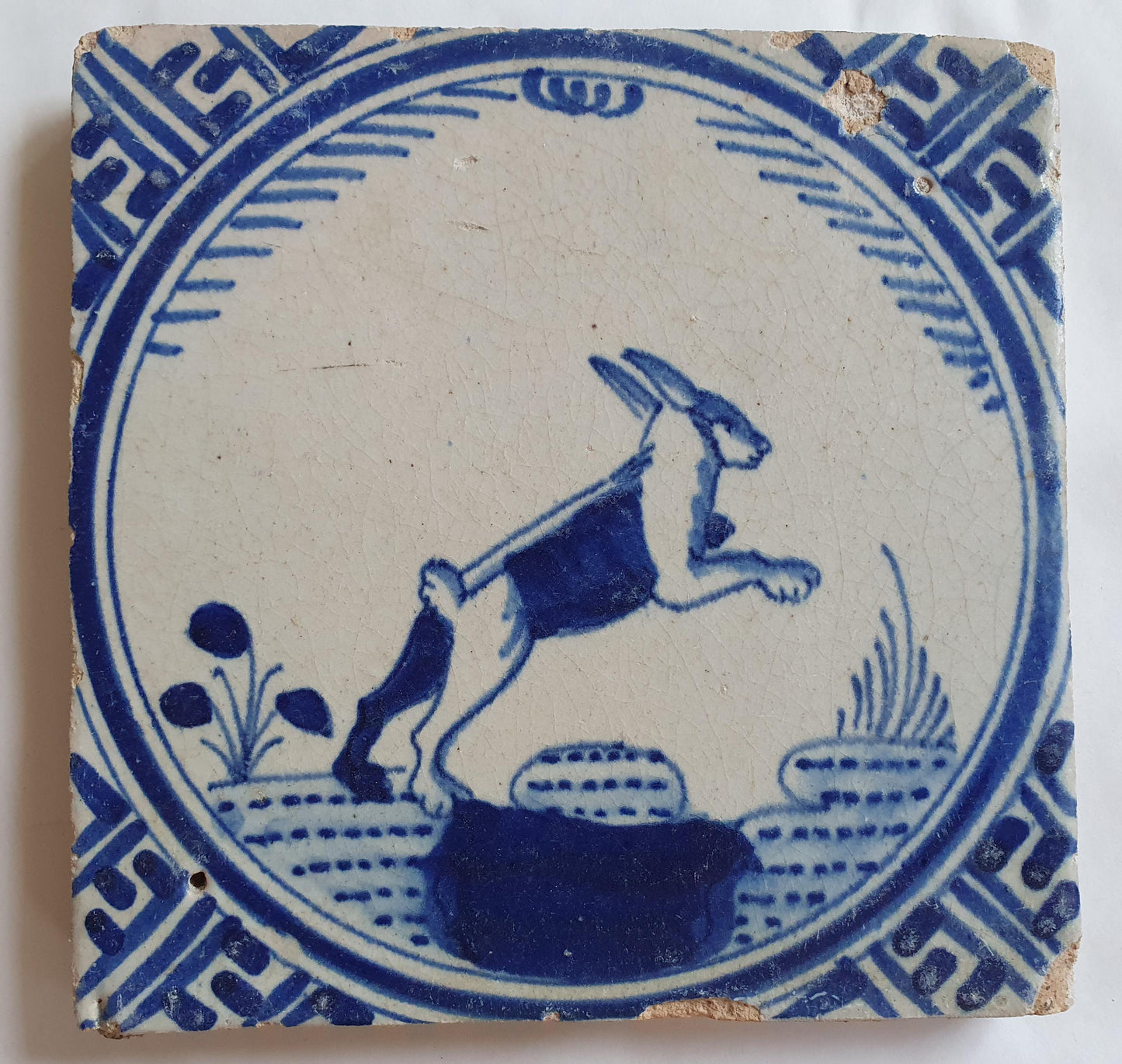 Antique Dutch Tile: Rotterdam 1625 Hare Kroontegel
