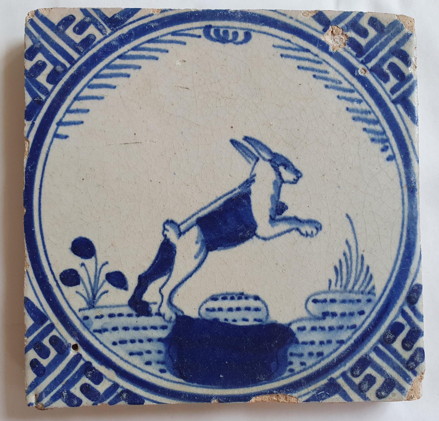 Antique Dutch Tile: Rotterdam 1625 Hare Kroontegel