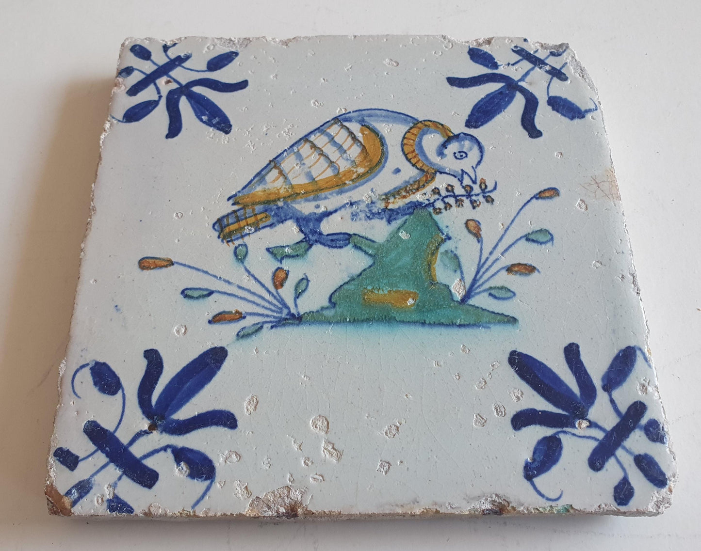 Antique Dutch Tile – Polychrome Bird, Delft Holland (circa 1625)