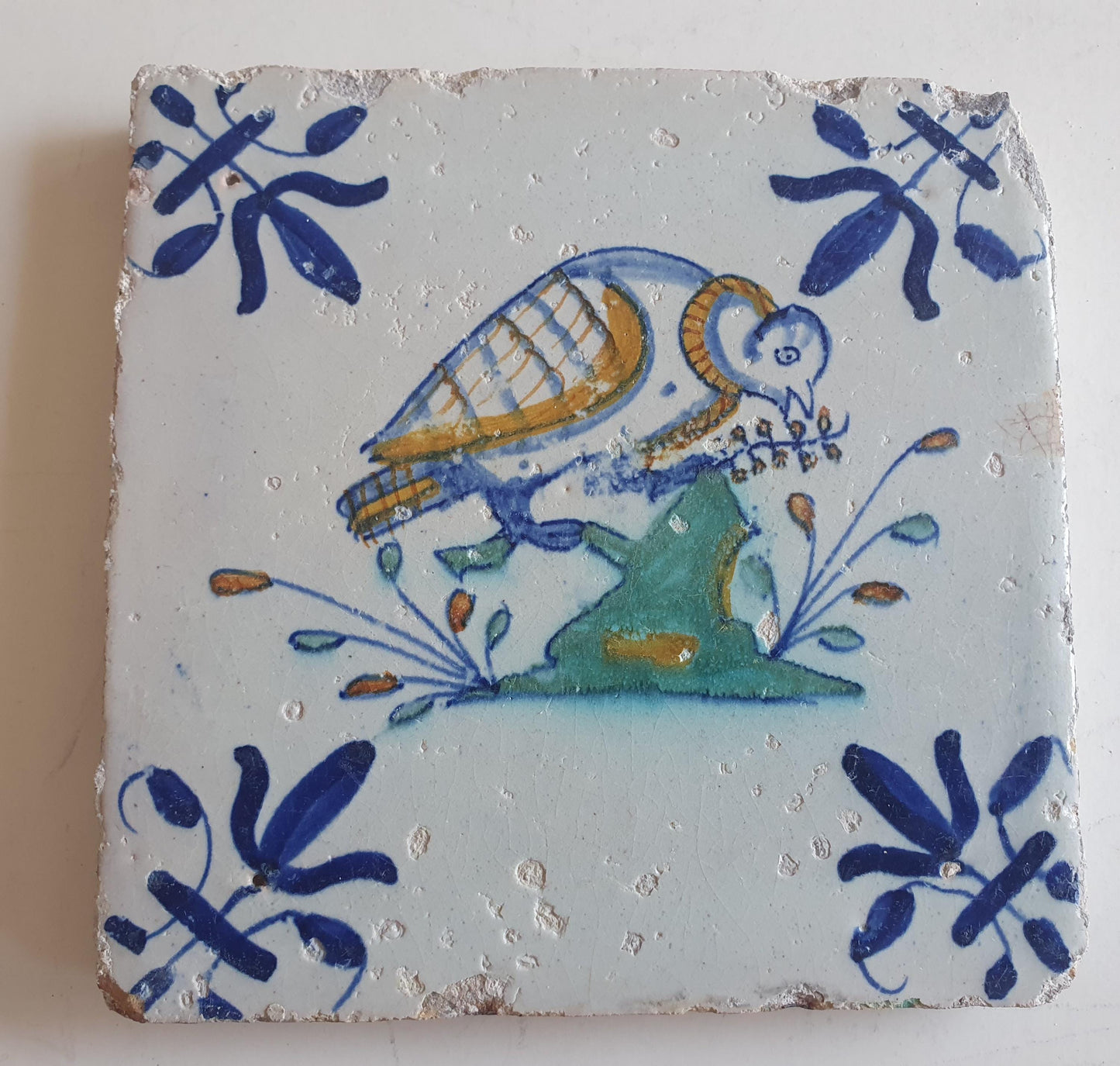 Antique Dutch Tile – Polychrome Bird, Delft Holland (circa 1625)