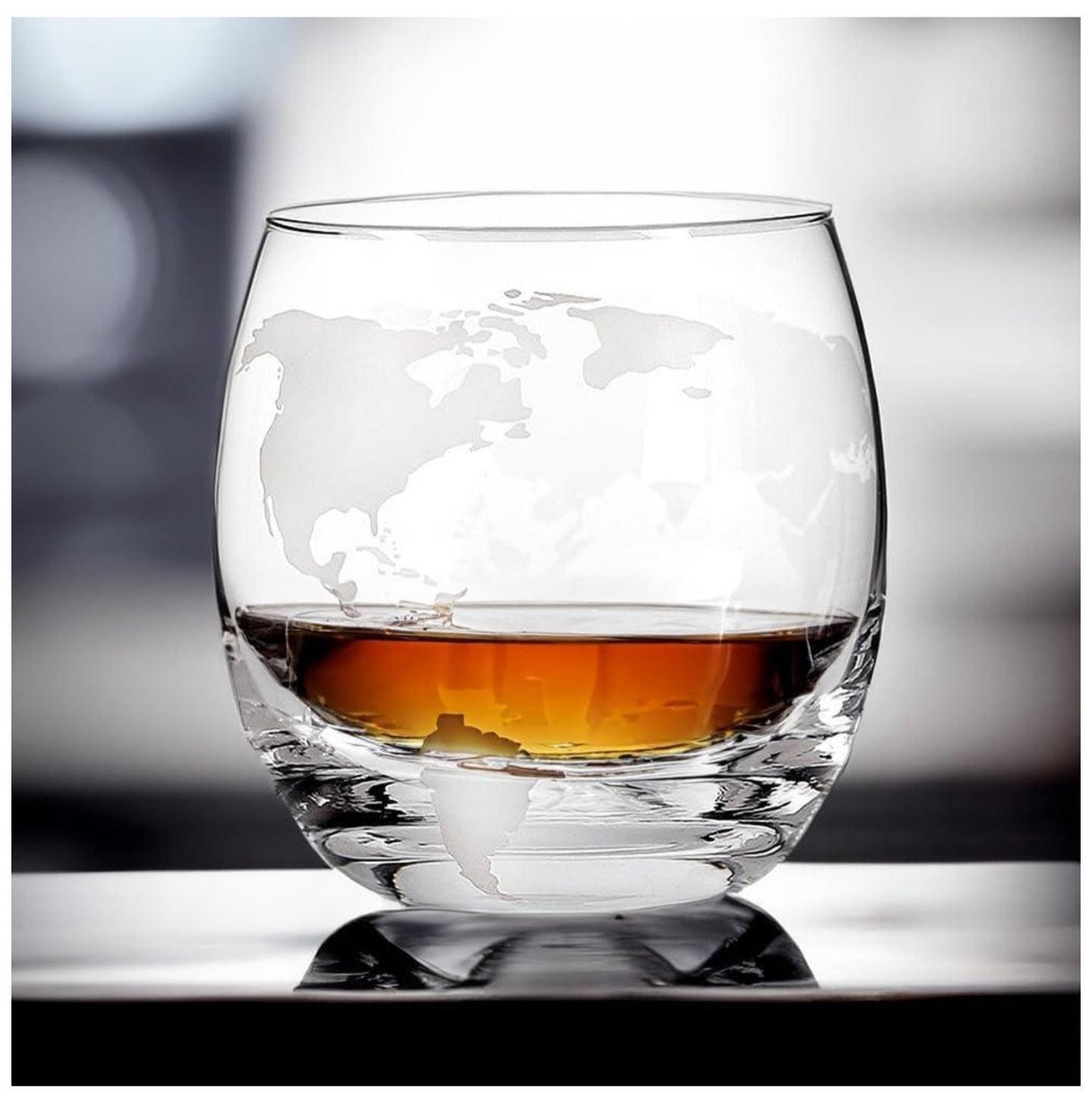 Handcrafted Globe Decanter Set – Ship in Glass, Wood Stand & Two Glasses