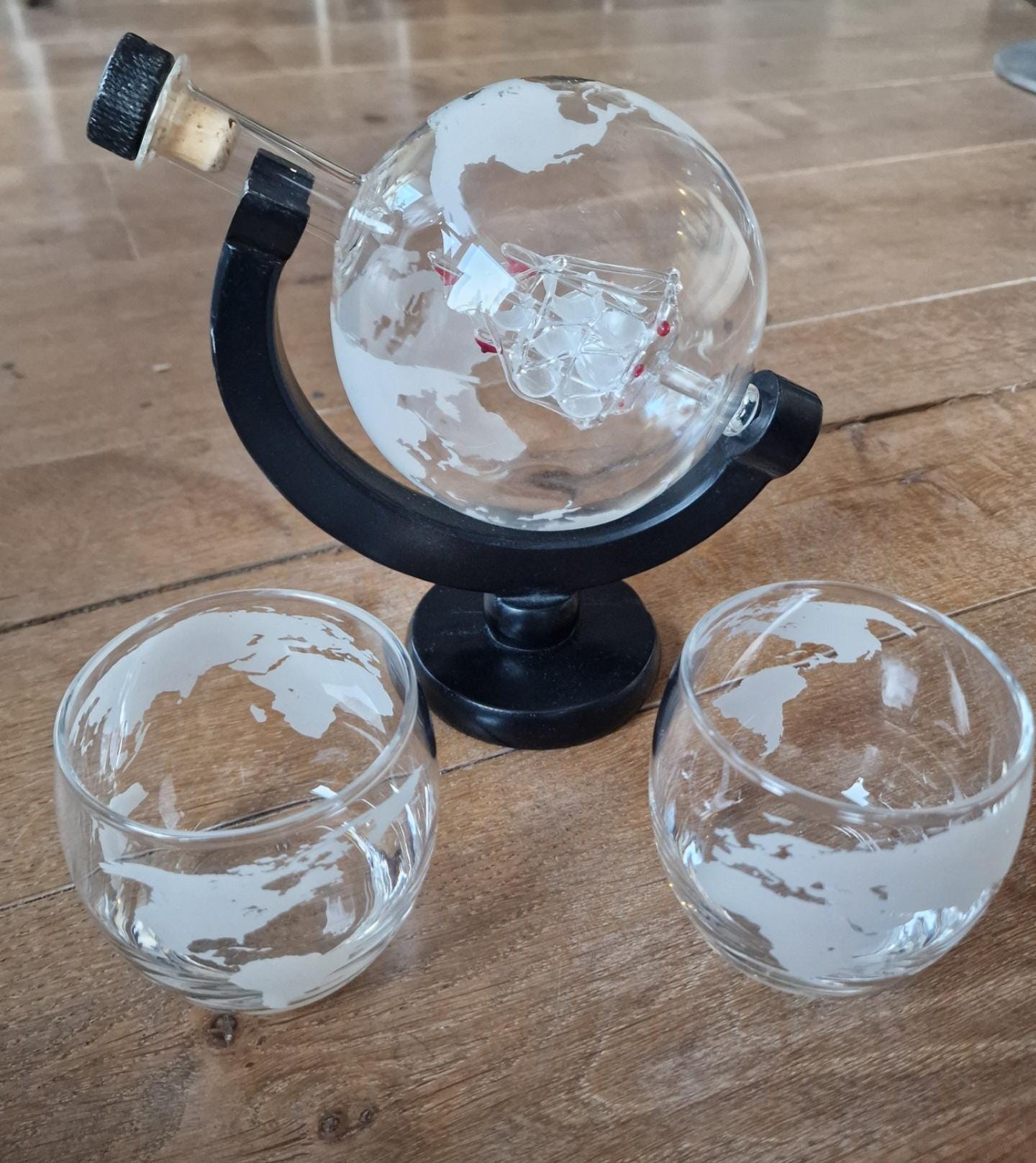 Handcrafted Globe Decanter Set – Ship in Glass, Wood Stand & Two Glasses