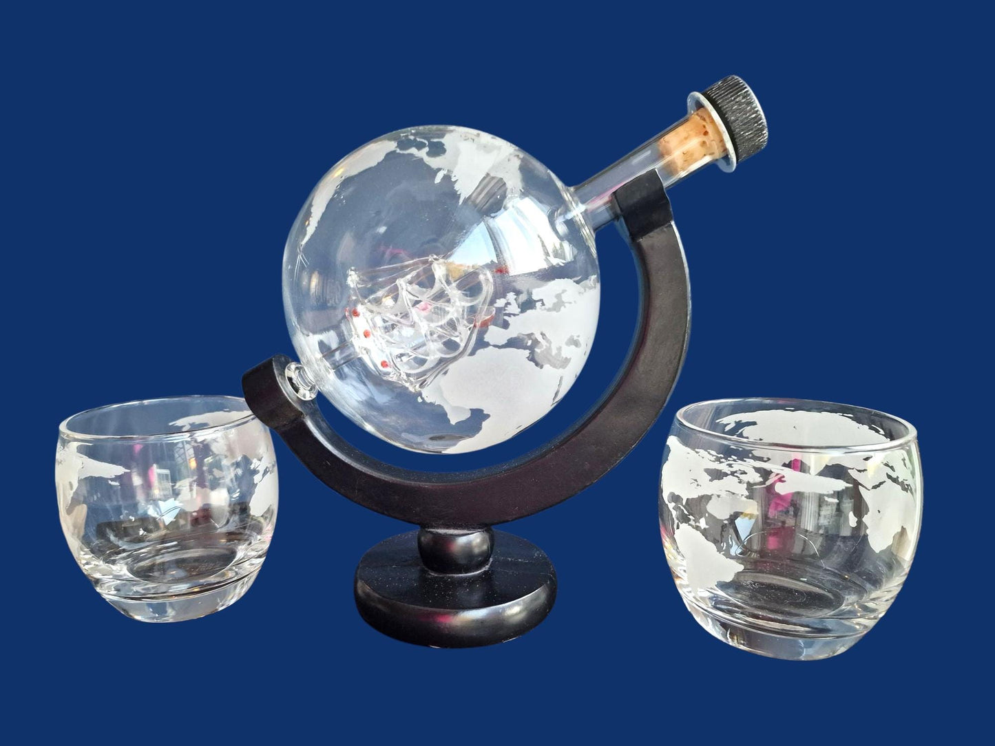 Handcrafted Globe Decanter Set – Ship in Glass, Wood Stand & Two Glasses