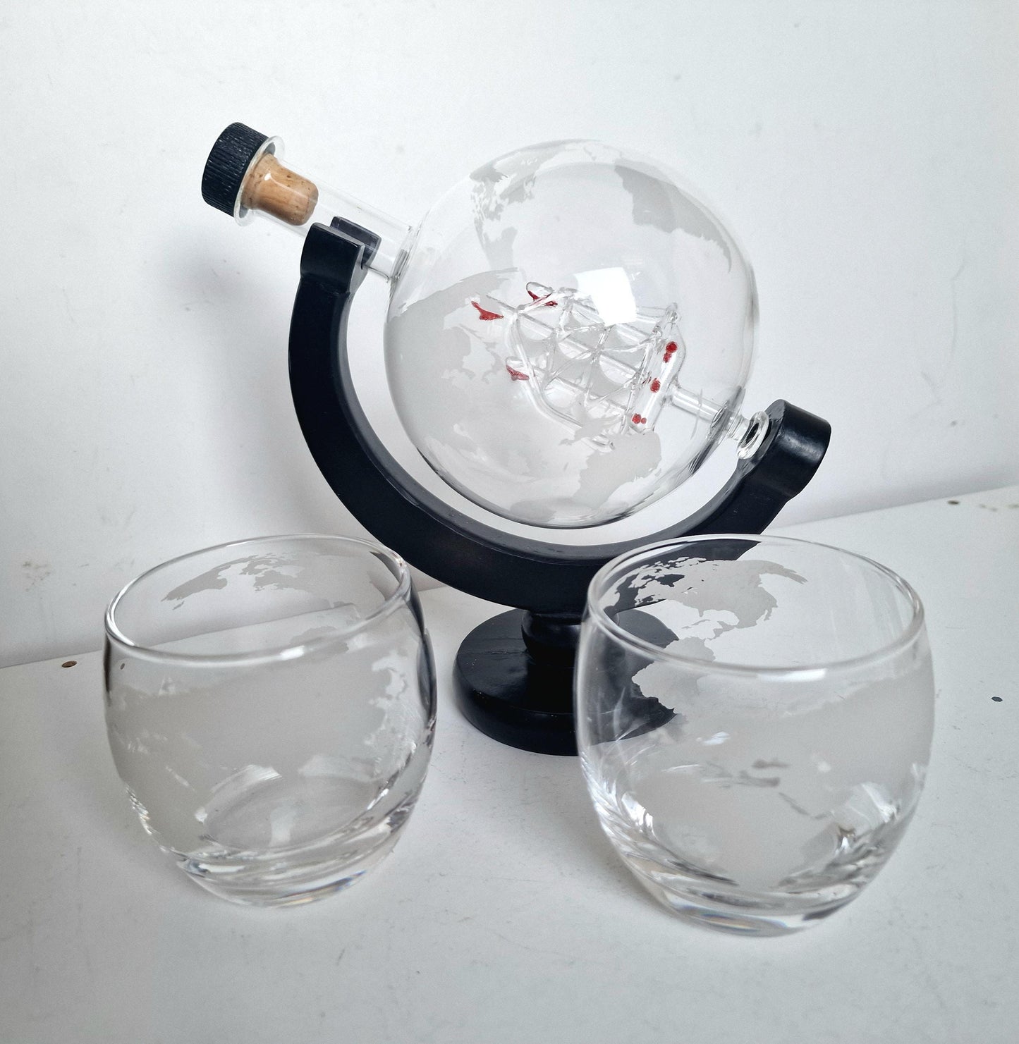 Handcrafted Globe Decanter Set – Ship in Glass, Wood Stand & Two Glasses