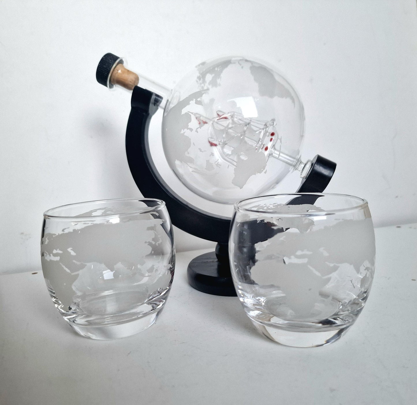 Handcrafted Globe Decanter Set – Ship in Glass, Wood Stand & Two Glasses