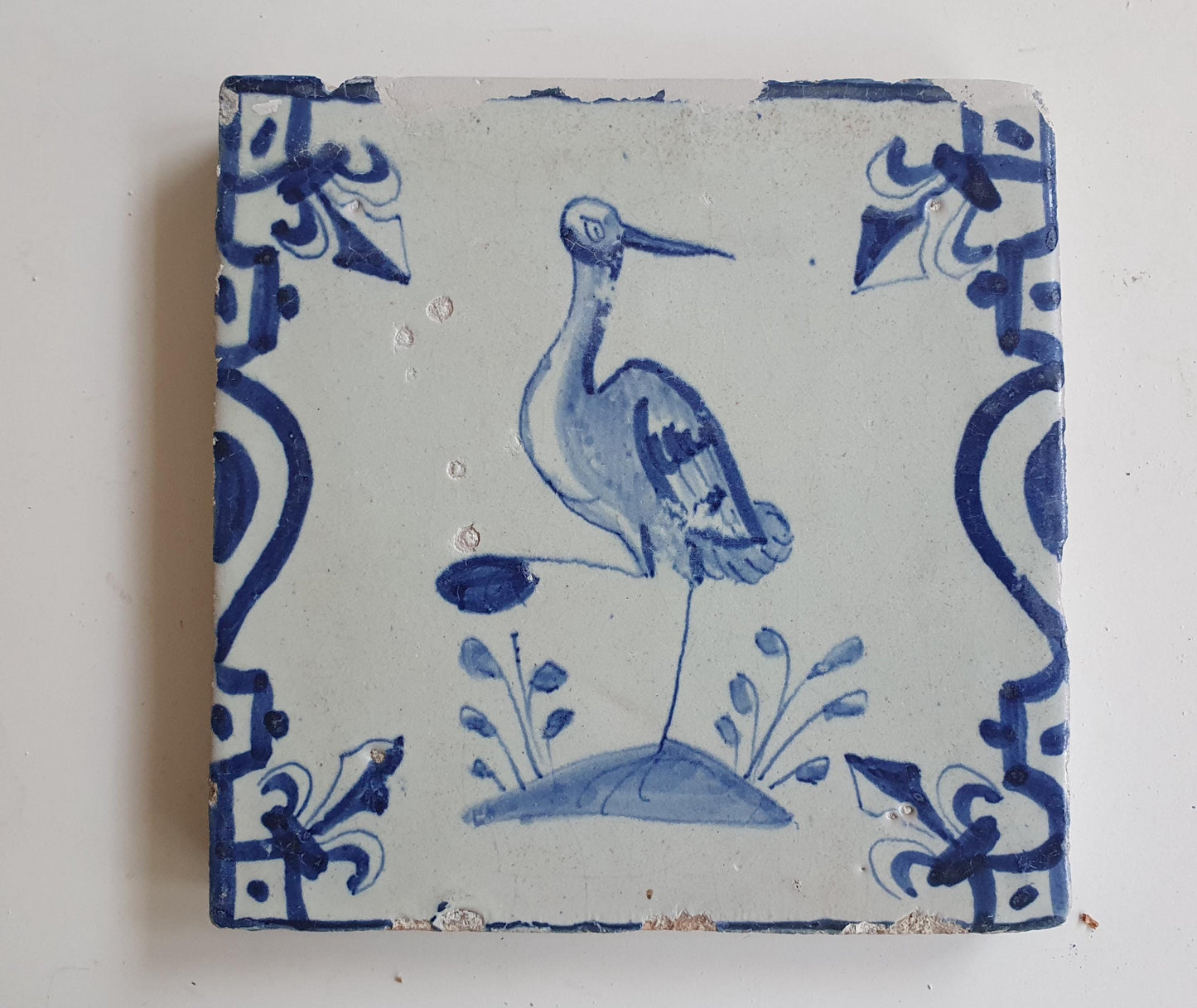 Antique Dutch Delft Tile – Crane, Baluster & French Lily Motifs, 1640