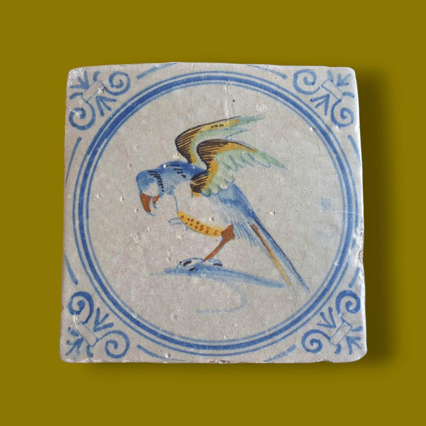 Antique Dutch Tile - polychrome parrot  Rare !  - Dated around 1625, delft holland golden century