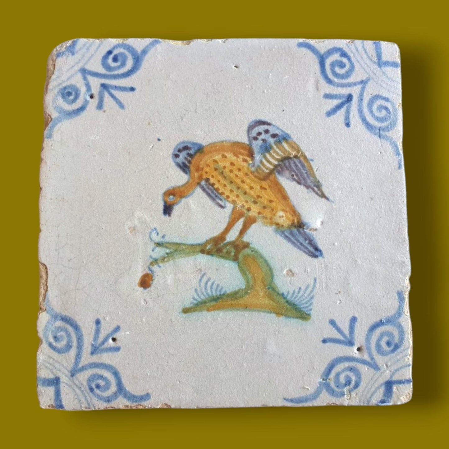 Antique Delft Tile – Polychrome Bird, Circa 1625
