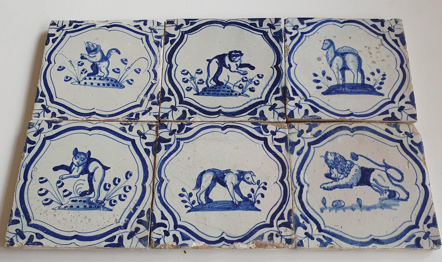 6 x Antique Delft Tiles – 17th Century Animal Motifs