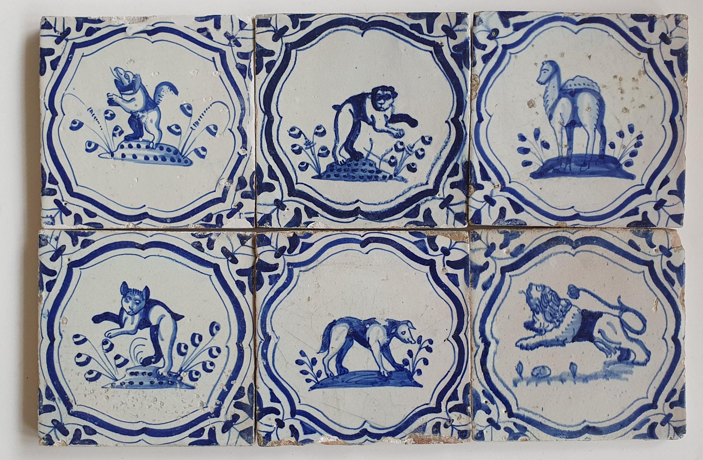 6 x Antique Delft Tiles – 17th Century Animal Motifs