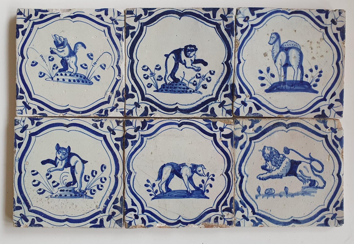 6 x Antique Delft Tiles – 17th Century Animal Motifs