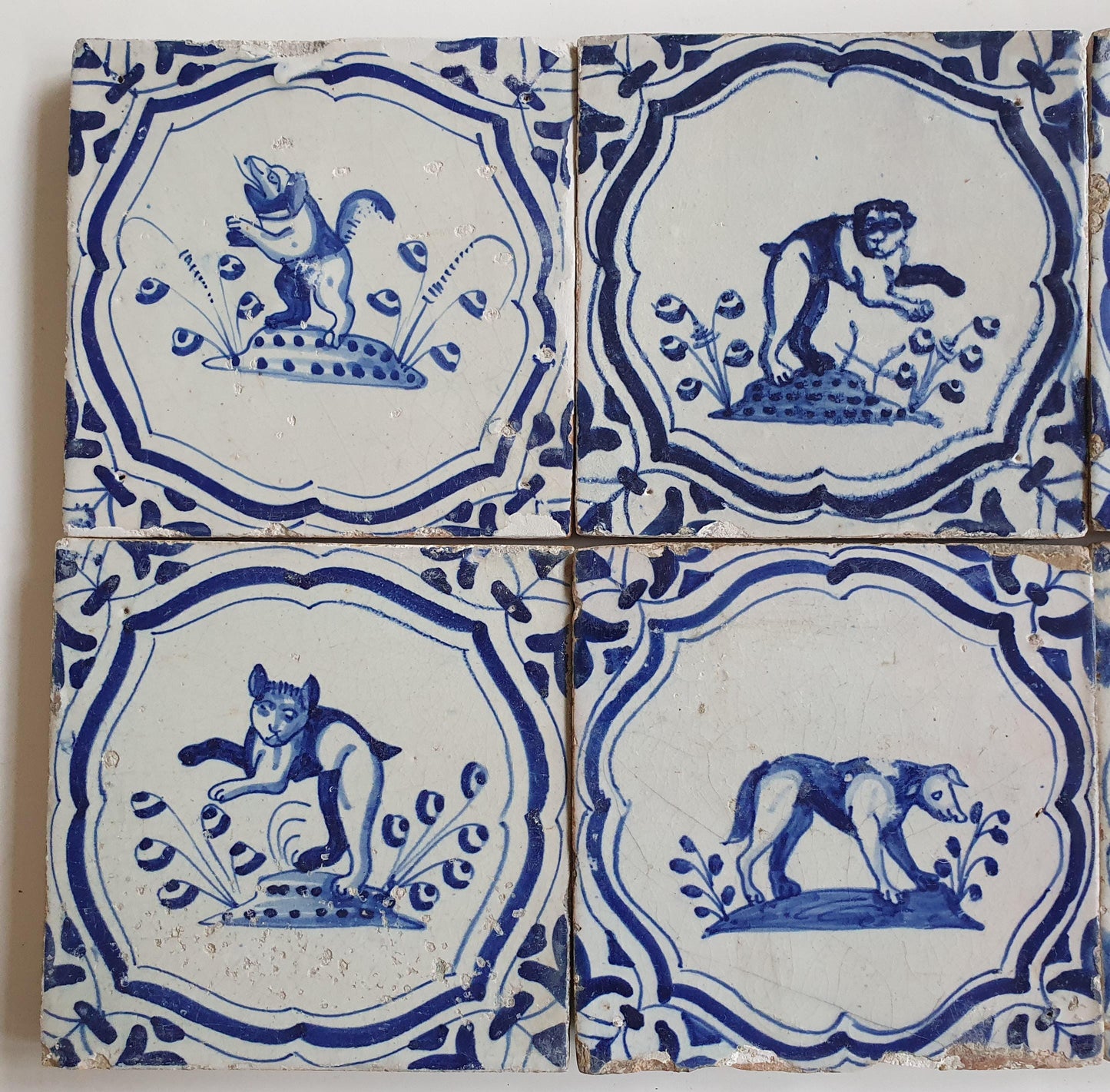 6 x Antique Delft Tiles – 17th Century Animal Motifs