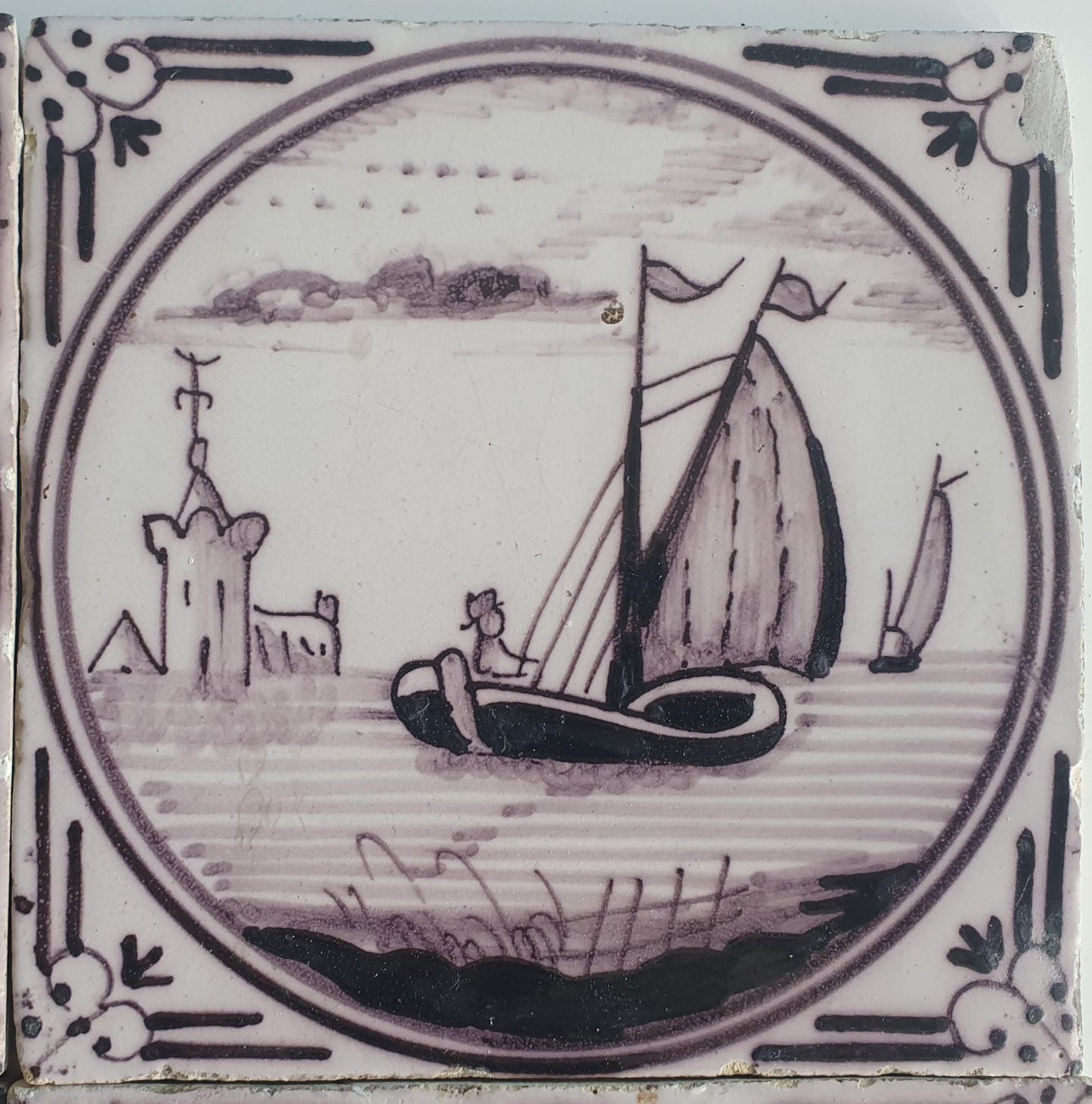 4 x Around 1850 century Antique Dutch Tiles - manganese landscape tegels
