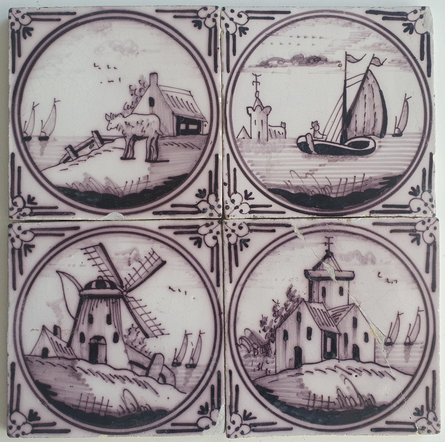 4 x Around 1850 century Antique Dutch Tiles - manganese landscape tegels