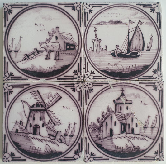 4 x Around 1850 century Antique Dutch Tiles - manganese landscape tegels