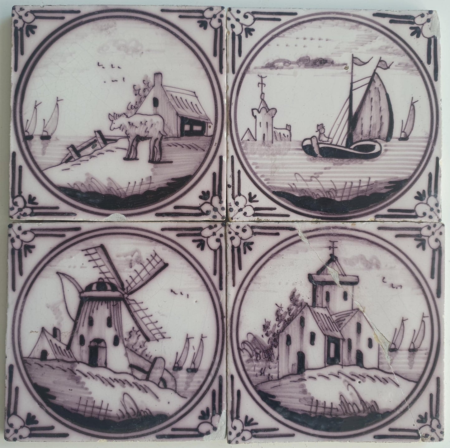 4 x Around 1850 century Antique Dutch Tiles - manganese landscape tegels