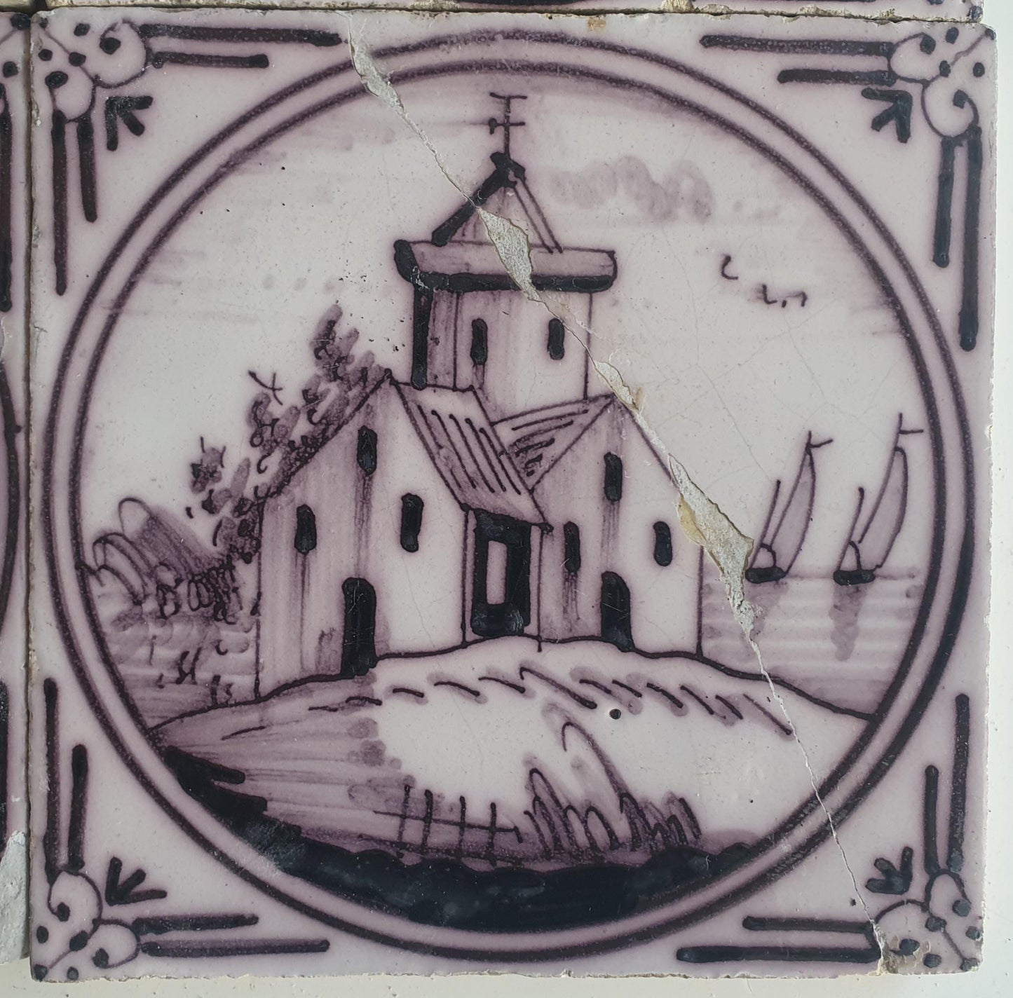 4 x Around 1850 century Antique Dutch Tiles - manganese landscape tegels