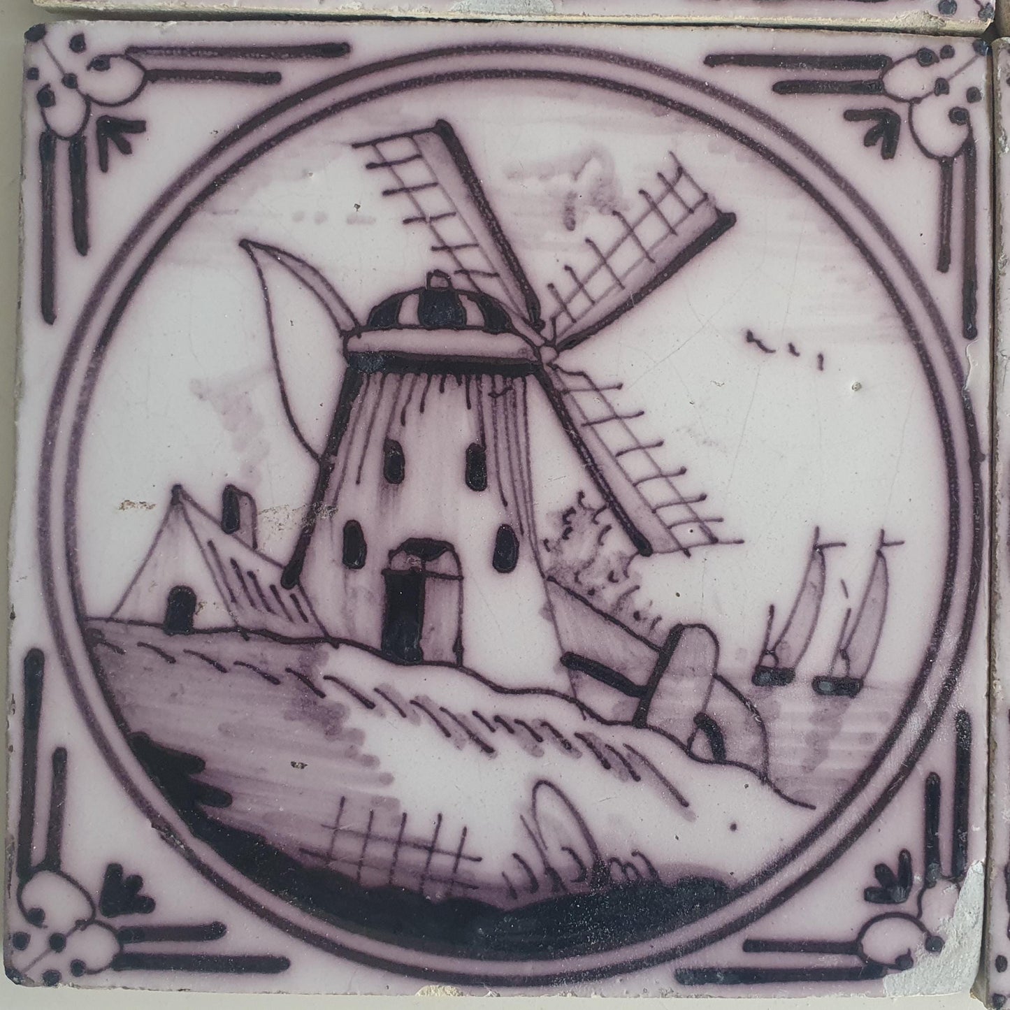 4 x Around 1850 century Antique Dutch Tiles - manganese landscape tegels