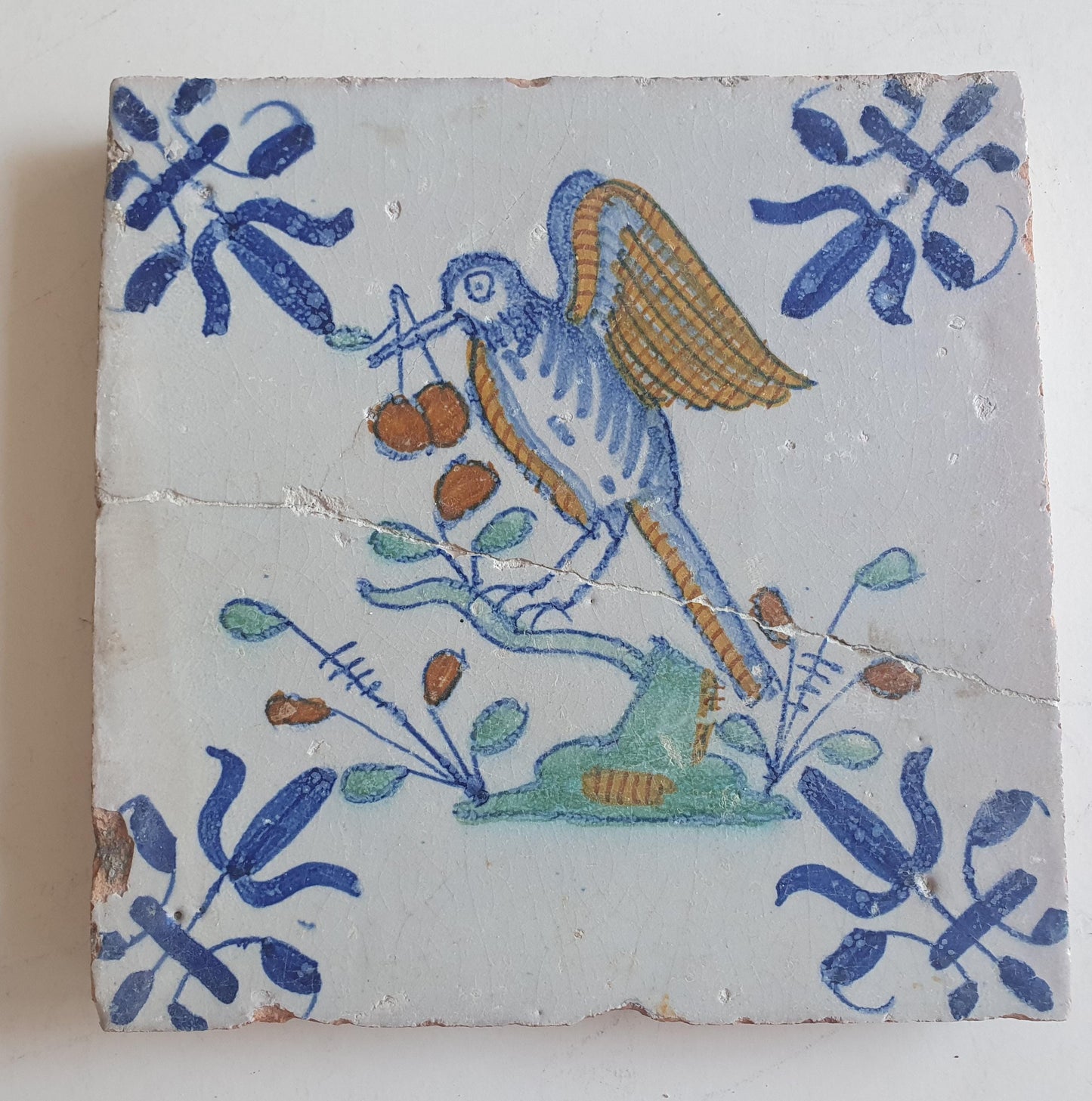 Antique Delft Tile – Polychrome Bird, 1625 Dutch Golden Age