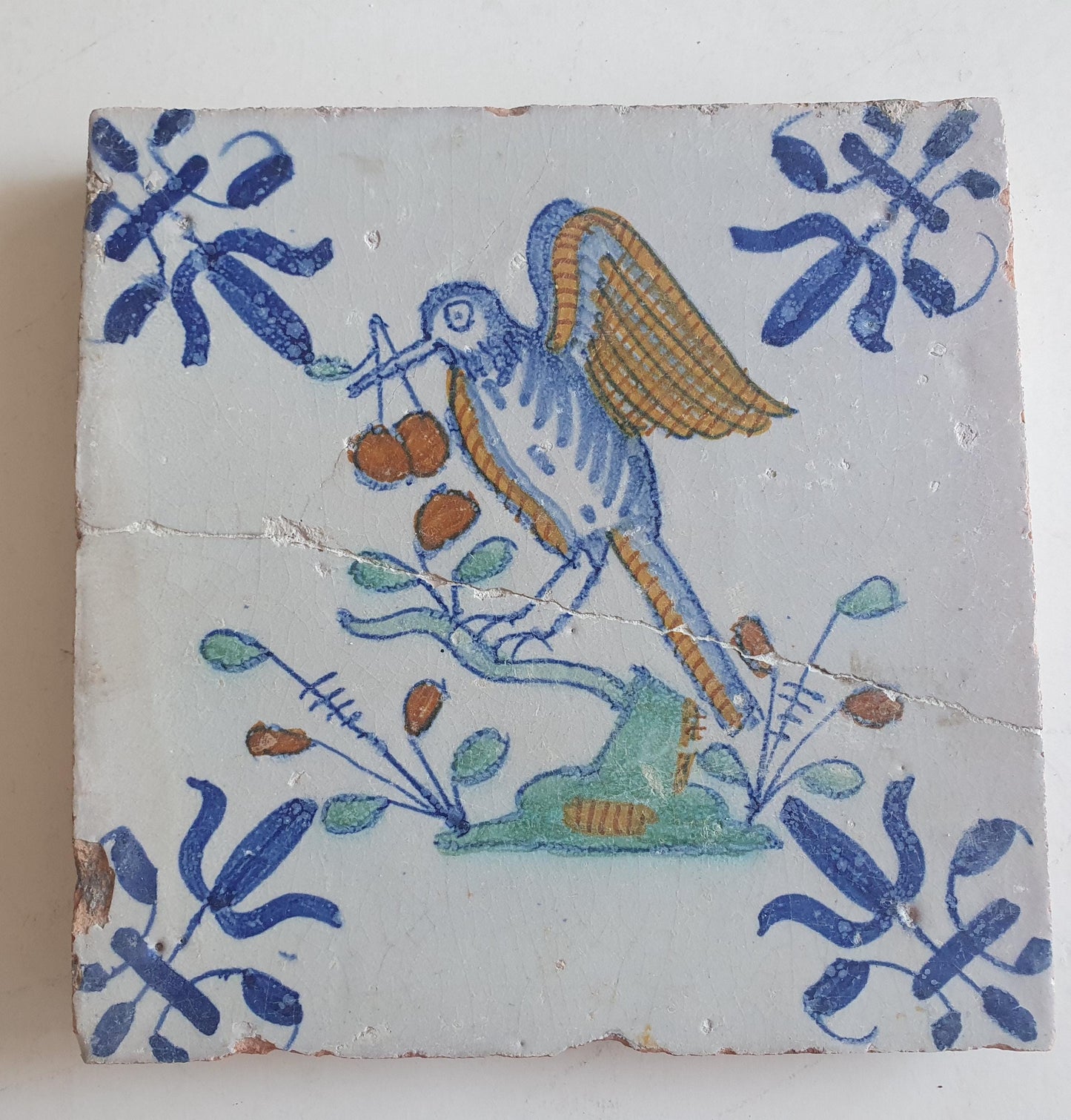 Antique Delft Tile – Polychrome Bird, 1625 Dutch Golden Age