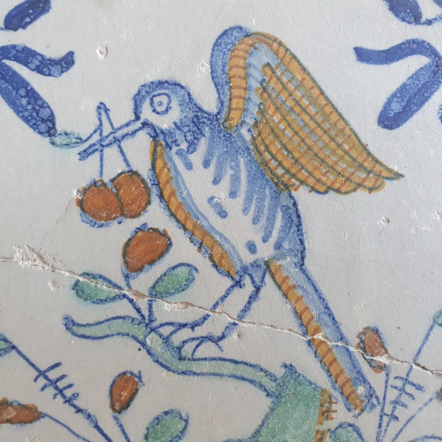 Antique Delft Tile – Polychrome Bird, 1625 Dutch Golden Age