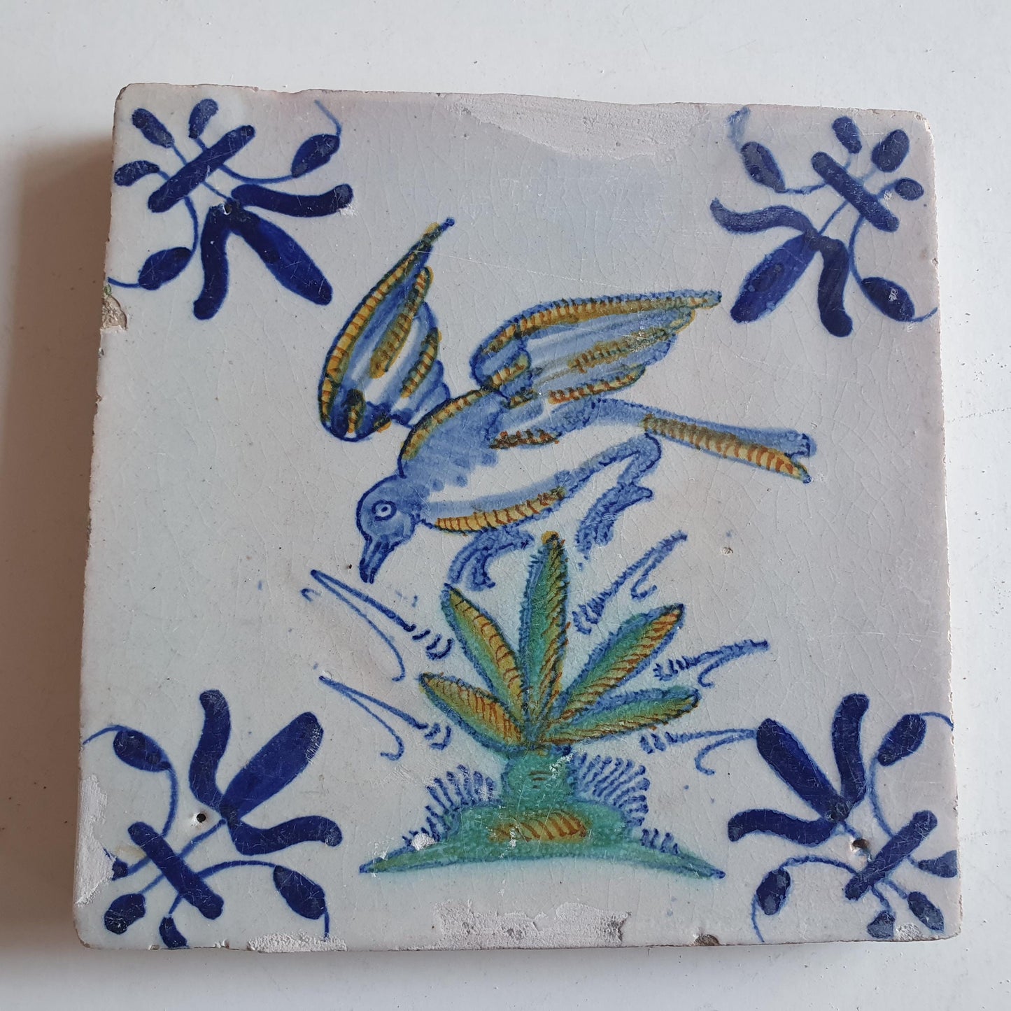 Antique Dutch Tile – Polychrome Bird, Delft Holland (1625)