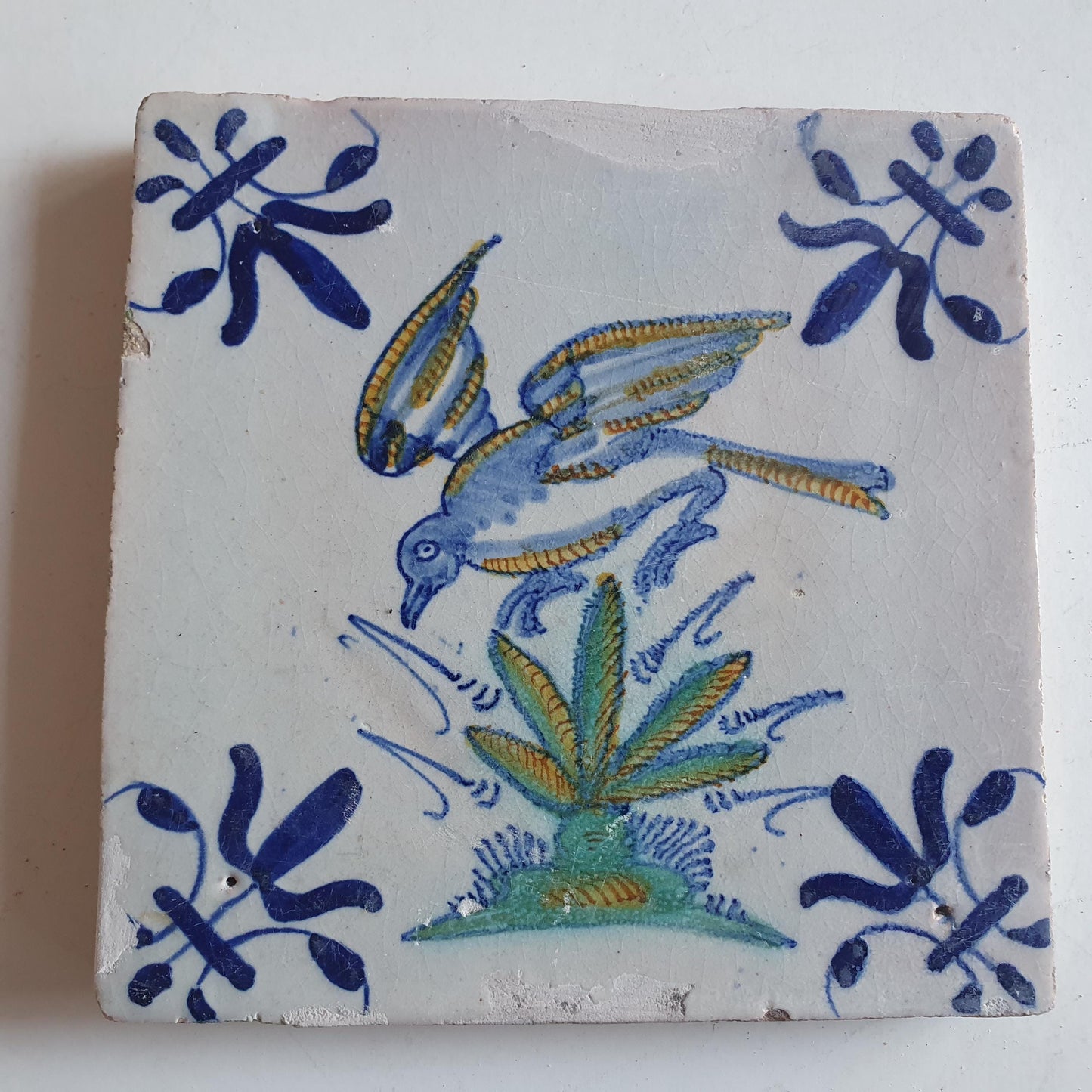 Antique Dutch Tile – Polychrome Bird, Delft Holland (1625)
