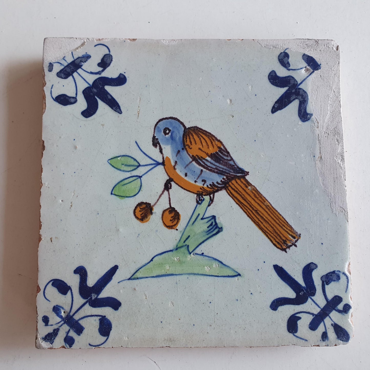 Antique Dutch Tile – Polychrome Bird, Delft Holland (circa 1625)