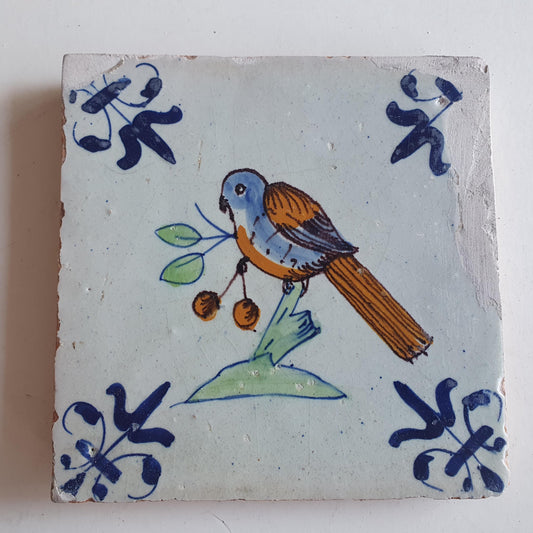 Antique Dutch Tile – Polychrome Bird, Delft Holland (circa 1625)