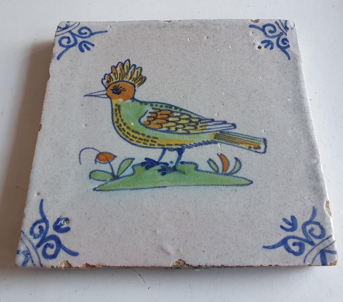 Antique Delft Tile – Polychrome Bird, c. 1640