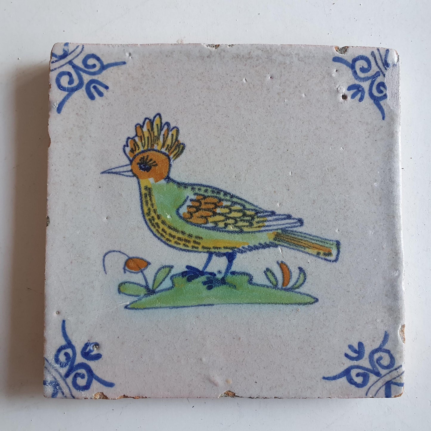 Antique Delft Tile – Polychrome Bird, c. 1640