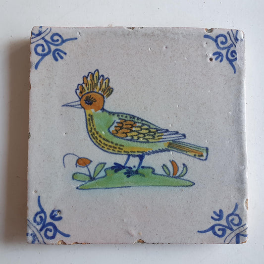 Antique Delft Tile – Polychrome Bird, c. 1640