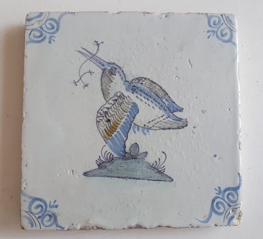 Antique Delft Tile, Kingfisher Bird, 17th Century Dutch Majolica