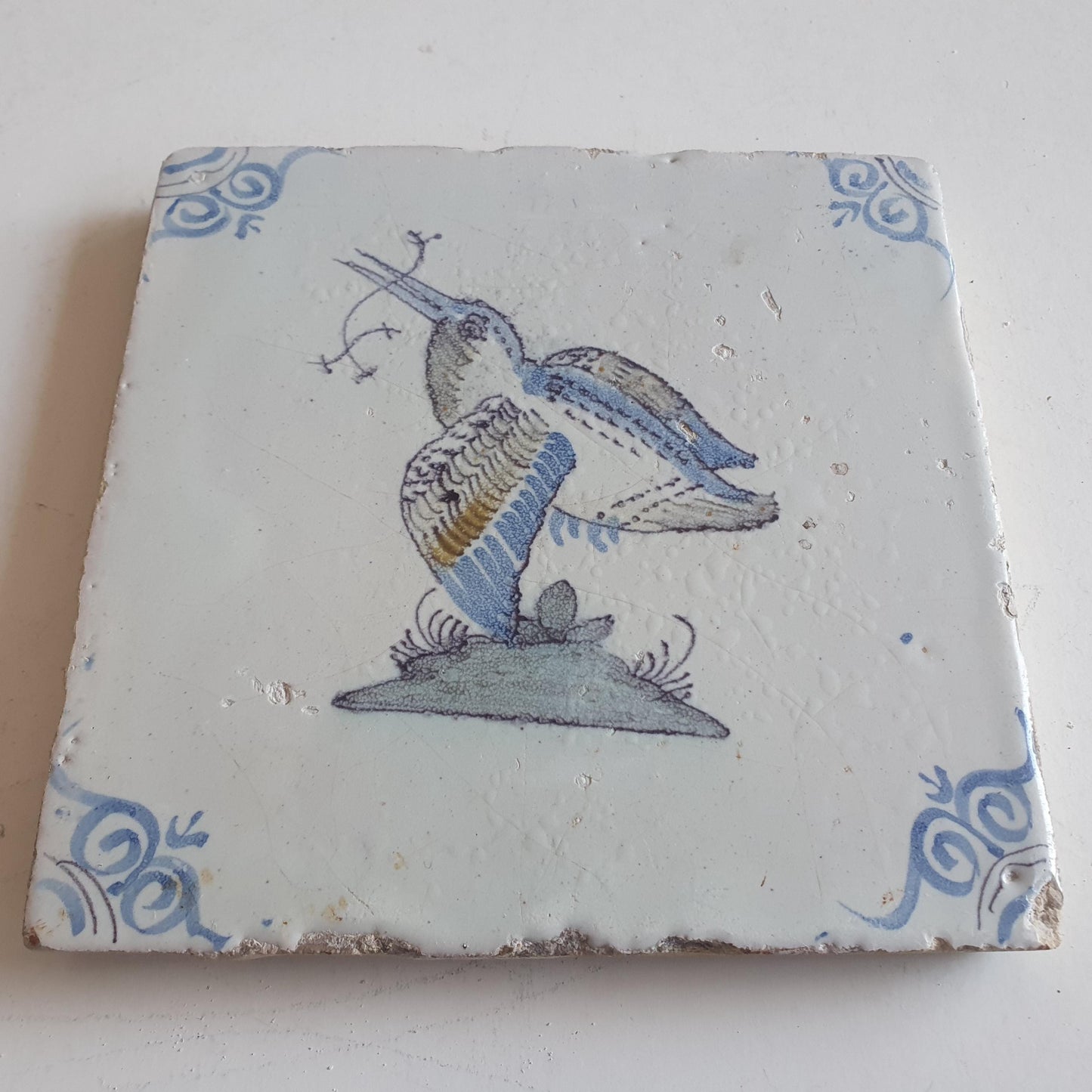 Antique Delft Tile, Kingfisher Bird, 17th Century Dutch Majolica