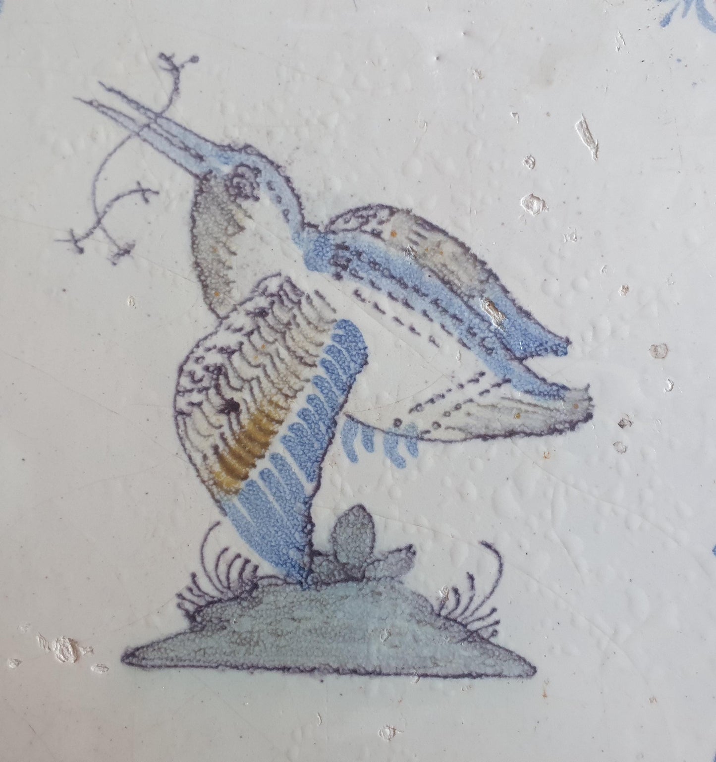 Antique Delft Tile, Kingfisher Bird, 17th Century Dutch Majolica