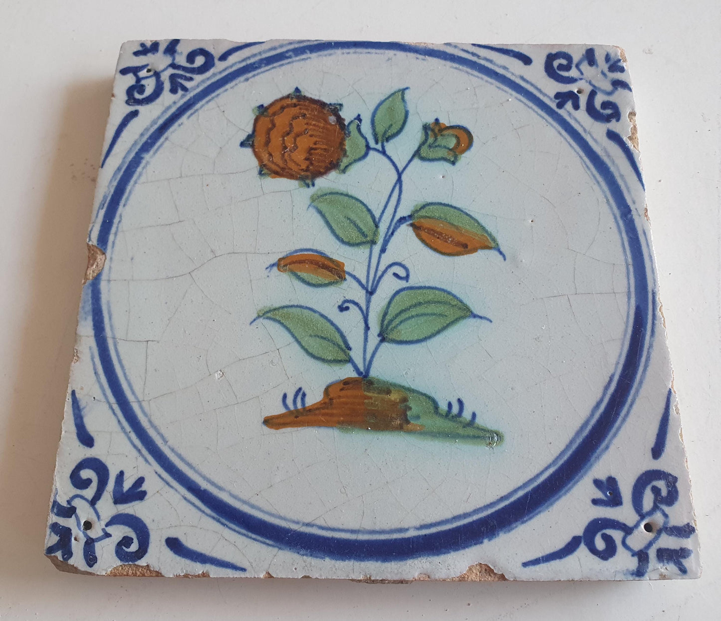 Antique Dutch Tile - polychrome flower - Dated around 1625, delft holland golden century